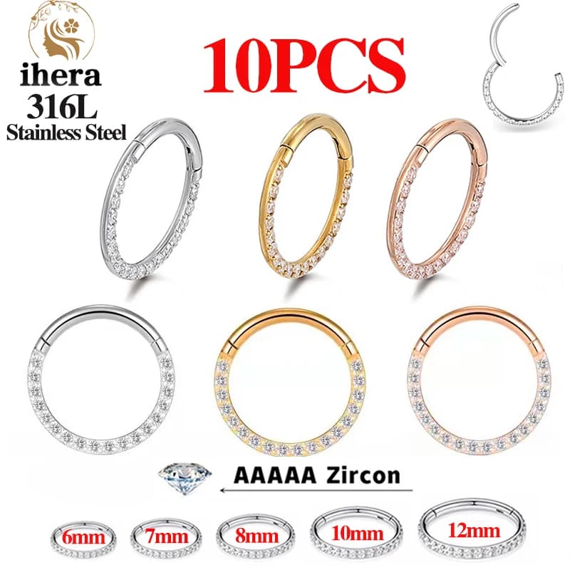 1/10 Pezzi Anelli da Naso in Acciaio Inossidabile, Clicker per Septum, Orecchini a Cerchio Rotondi a Segmento con Cerniera e Zirconi CZ, Gioielli per Piercing alla Cartilagine dell'Orecchio