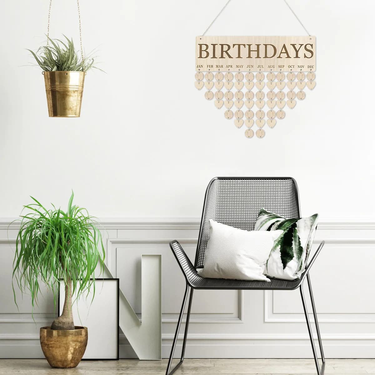 Wooden Calendar Birthday Reminder DIY Board Hanging Rope 25 Round Discs 25 Heart Discs 50 Iron Rings Family Friends Anniversary