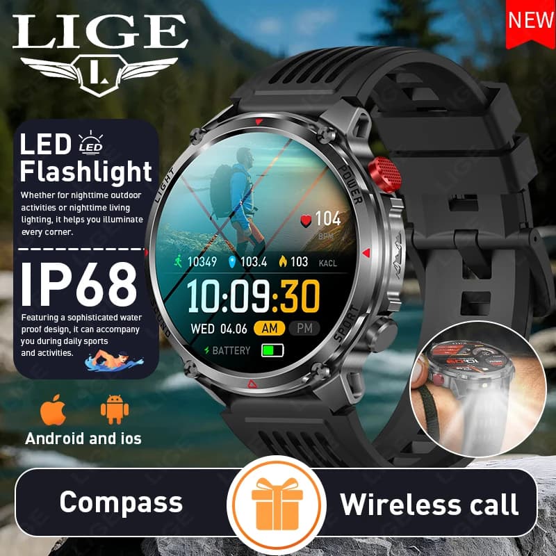 LIGE NEW Men Women Smart Watch IP68 Waterproof 1.7-inch Flashlight Sports Alarm Clock Weather Custom Dial Clock for Android IOS
