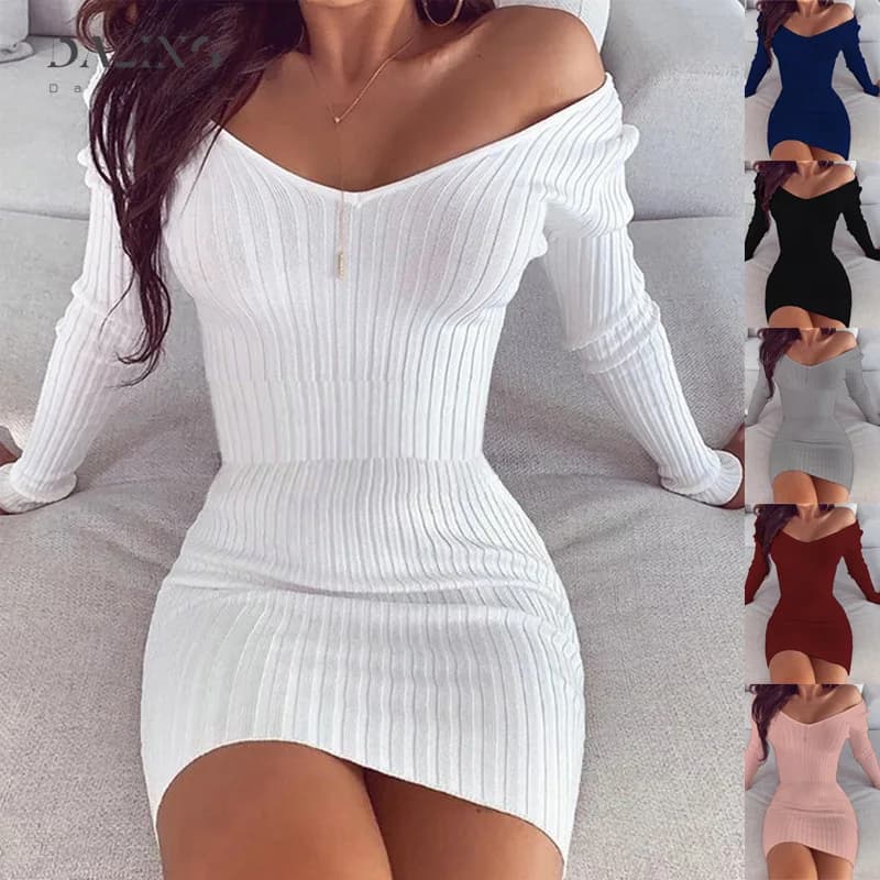 Long sleeve dress with shoulders discoveries from sexy club for women 2020 winter knitted sweater white mini women's dresses Robe Femme