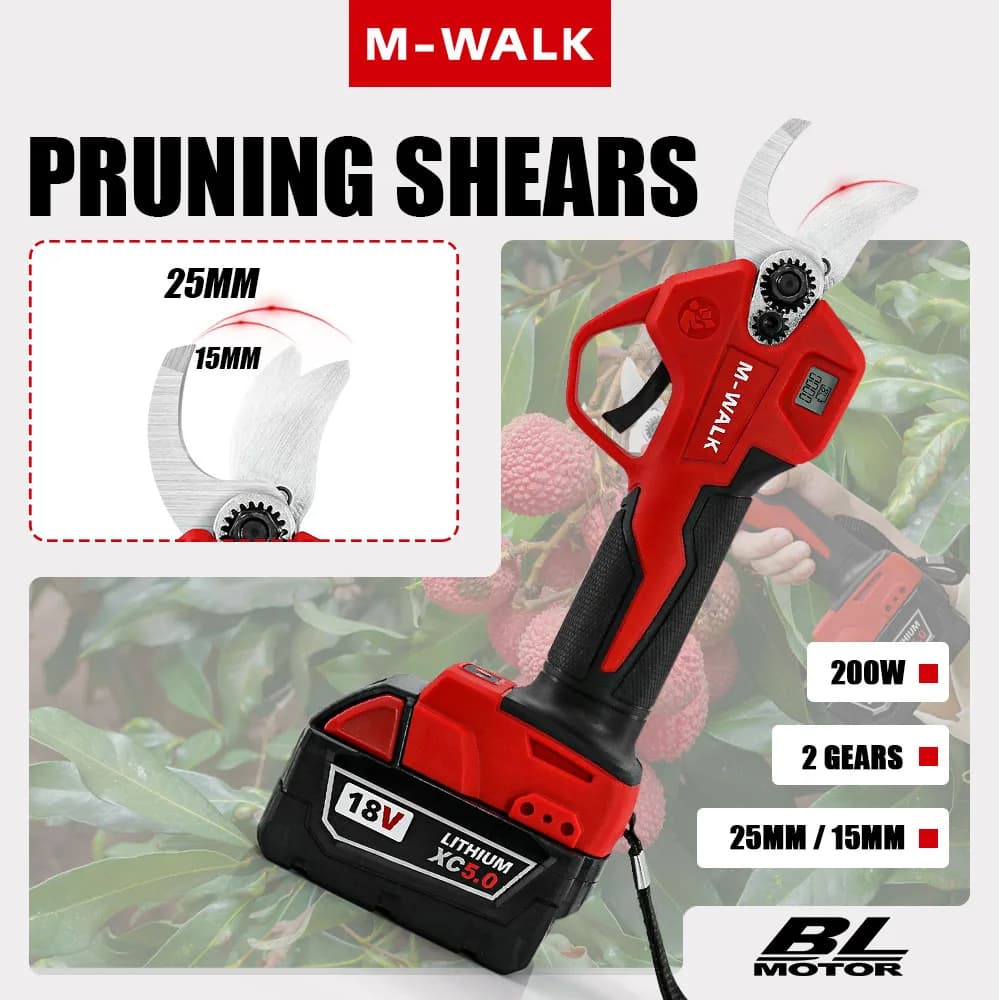 M-WALK Brushless LED Screen Electric Scissors Cordless Pruning Shear Tree Garden Power Tools Fit For Milwaukee 18V Battery Pin