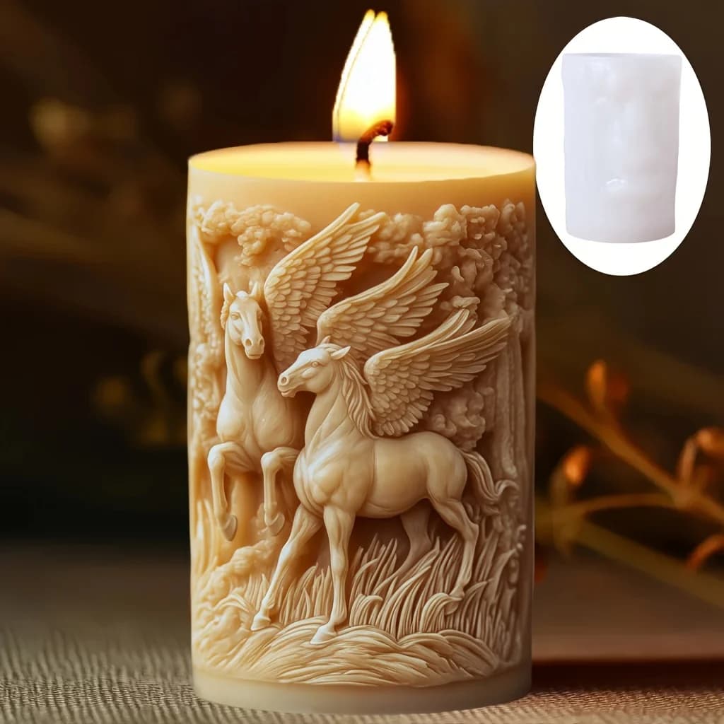 Stampo in silicone cilindrico per candele con rilievo di cavallo al galoppo, stampo in resina cilindrico per scultura di cavallo al galoppo, stampo in gesso