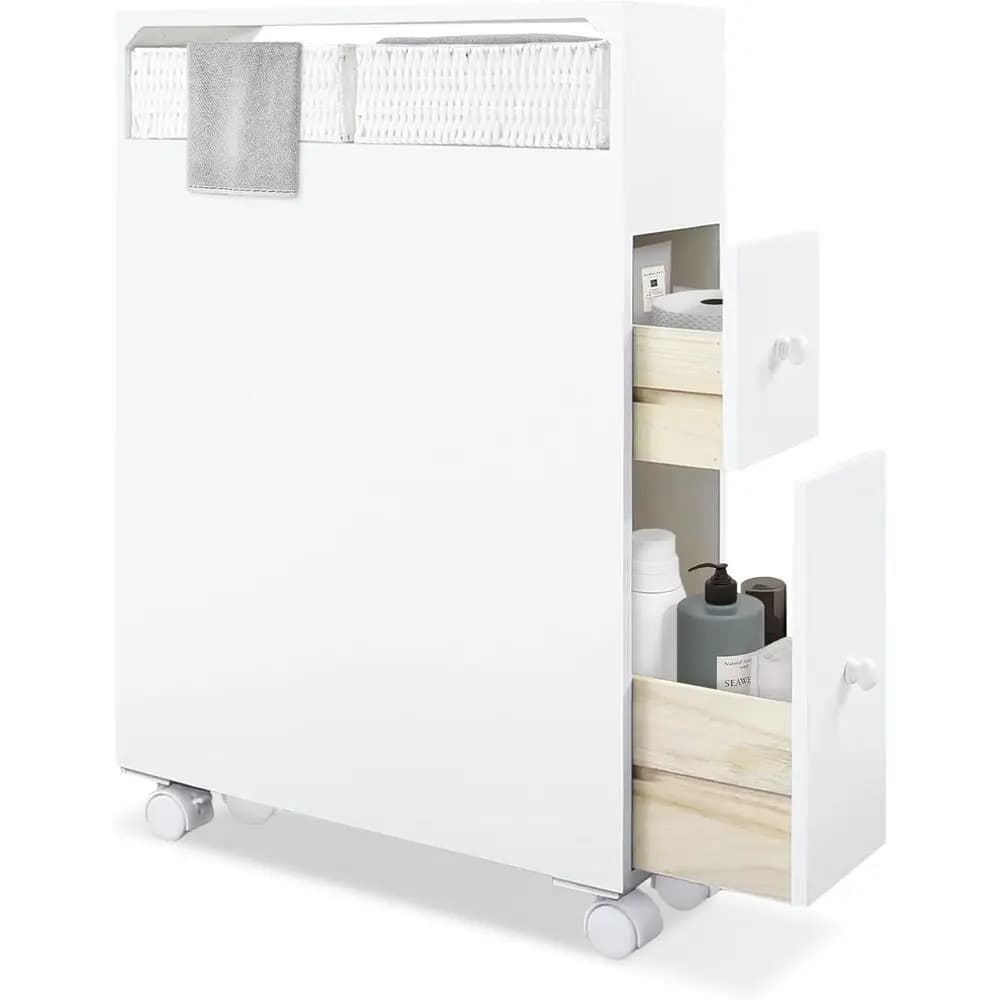 Mobiletto da bagno versatile con due cassetti, scaffali e porta carta igienica