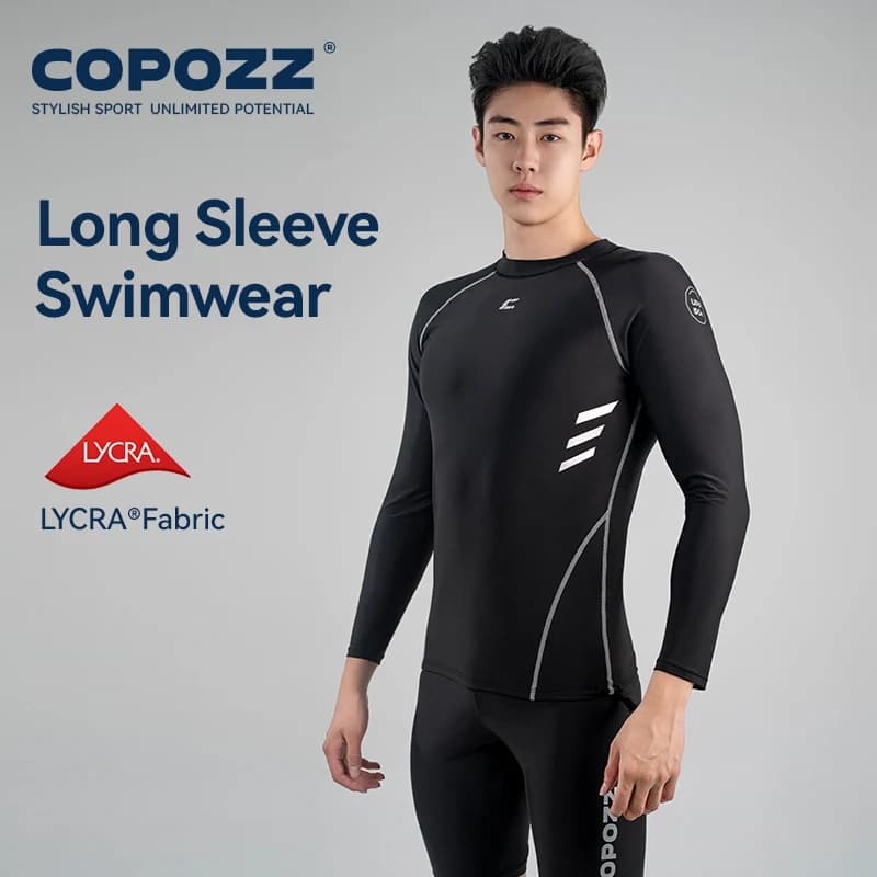 COPOZZ Tuta da surf con protezione UV da uomo, maglietta da surf Rashguard per nuoto, asciugatura rapida, costume da bagno a maniche lunghe, pantaloncini da bagno