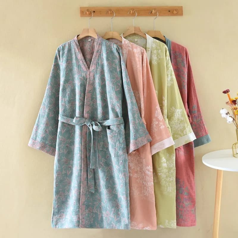 Primavera Autunno Nuovo Stile Giapponese Kimono Robe Donna 100% Cotone Accappatoio Fiore di Stampa Kimono Allentato Sudore Al Vapore Veste