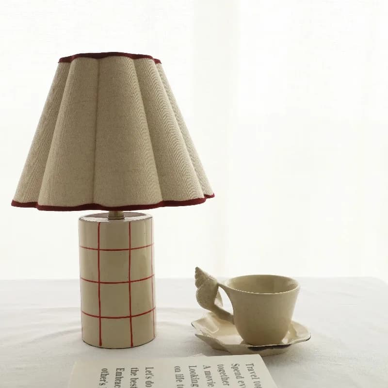 Denmark Cylindrical Red Grid Ceramics LED Table Lamps Pleated Fabric Lampshade Living Room Bedroom Restaurant Office Desk Lights
