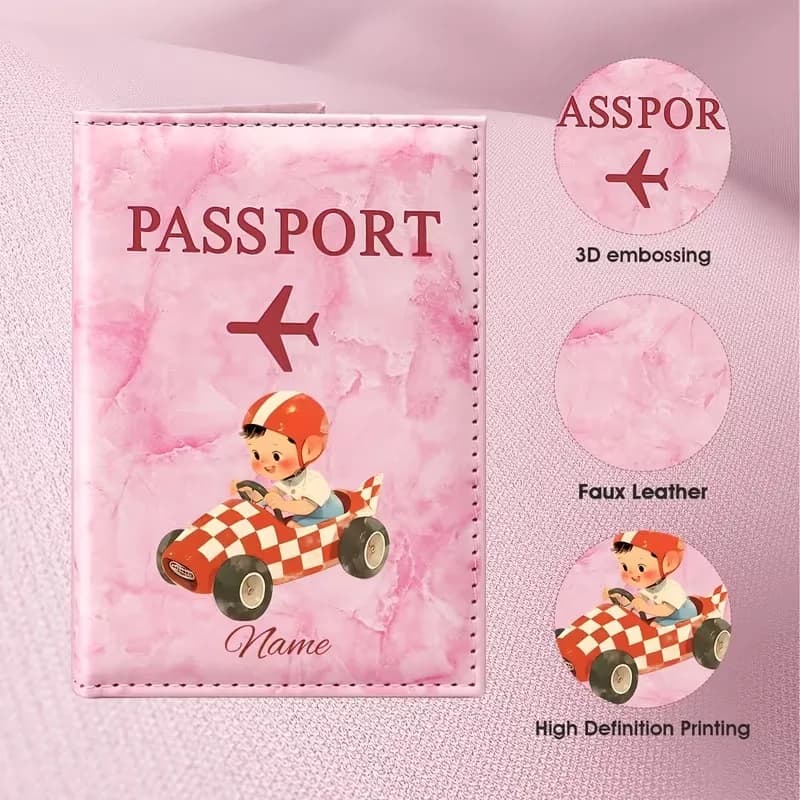 Custom Name PU Passport Holder/Custom Cartoon Race Car Driver Pattern/Red An White Checkered Race Car And Helmet/Dynamic Driving