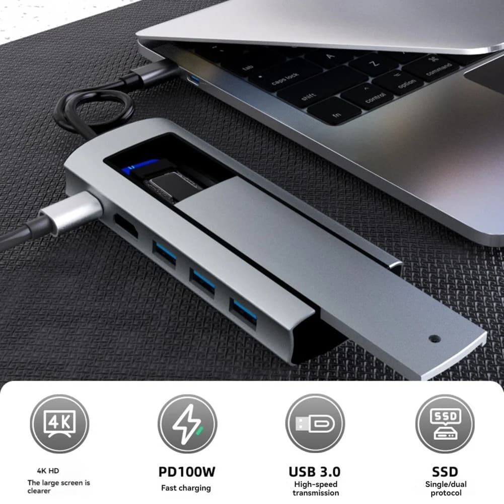 Docking Station 6-in-1 con PD, USB 3.0 x3, compatibile e slot SSD, veloce per computer portatile - ABIU