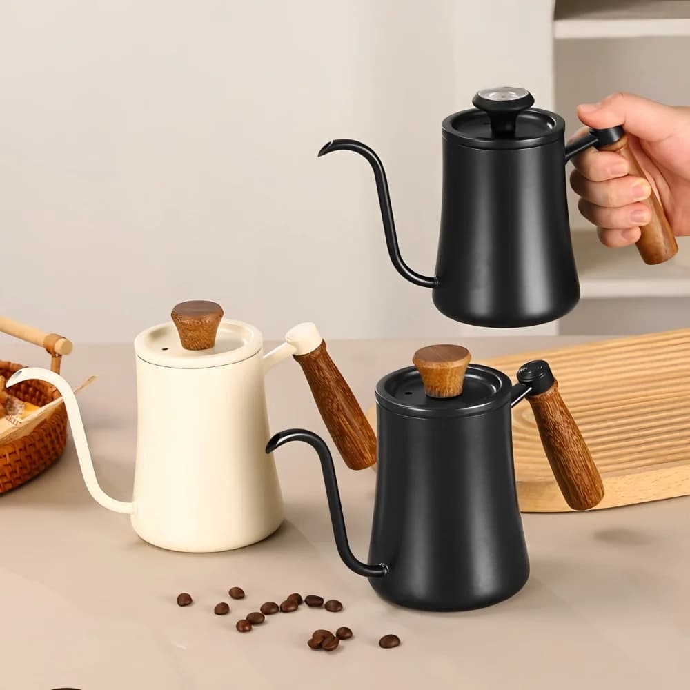 500ml Exterior Coffee Machine in Stainless Steel 304 with Thermometer and Cover, Solid Wood Handle, Portable Camping Kettle for Spring Travel