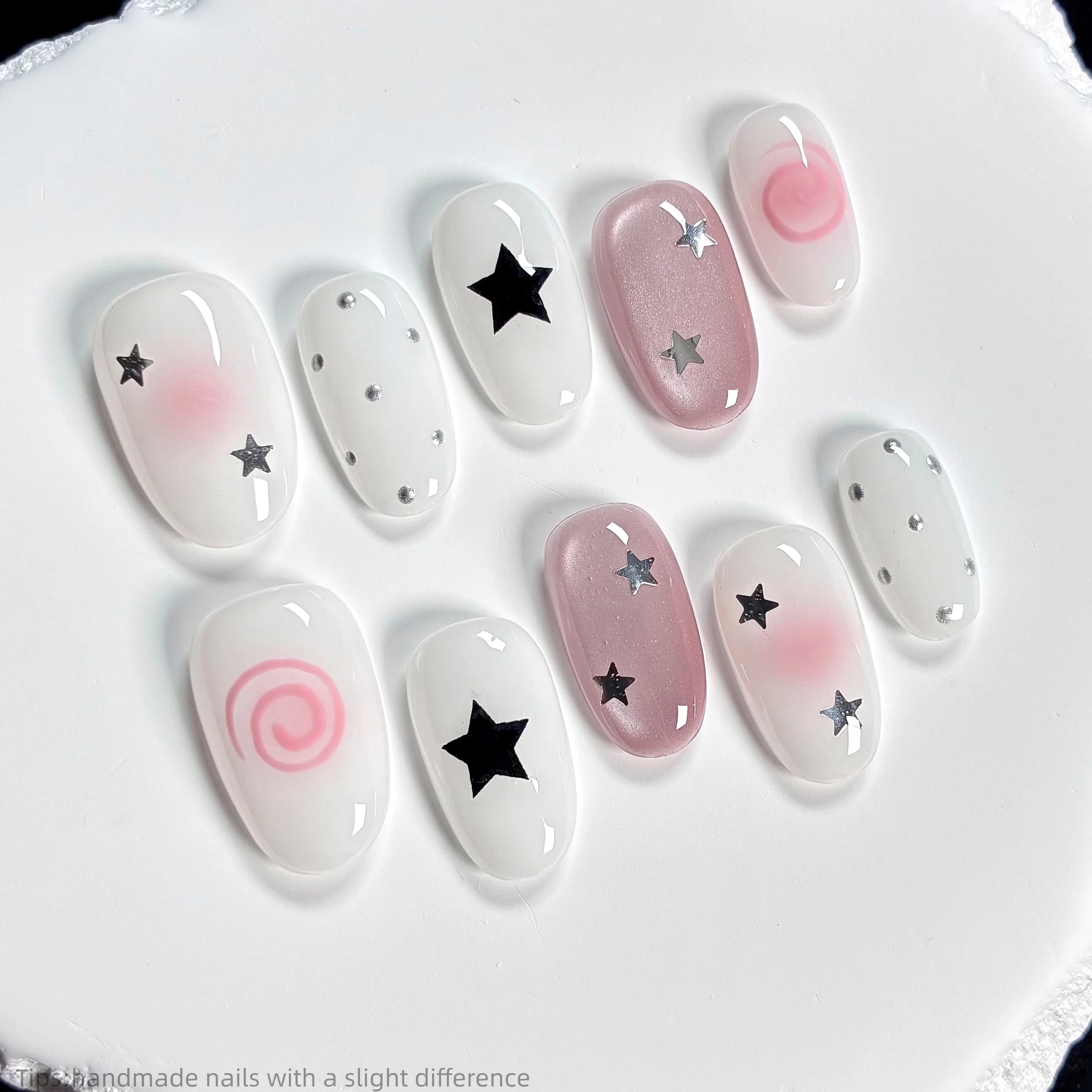 10 pezzi di unghie finte rosa fatte a mano, unghie finte ovali corte con effetto occhio di gatto, fiocco rosa dolce e alla moda, adatte per le donne.