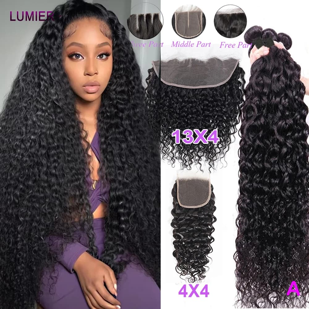 HD Lace Closure With Bundles Afro Kinky Deep Water Curly Wave Bundles With Closure Frontal 100% Virgin Raw Hair Extensions 18A
