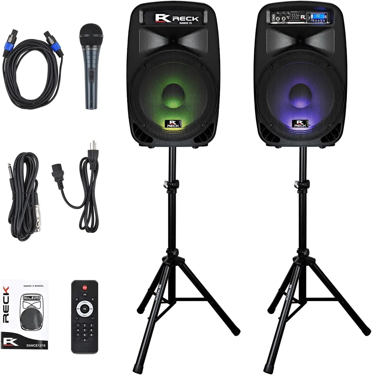 Proreck Dance 15 Set combinato di sistemi di altoparlanti PA portatili da 15 pollici e 2000 Watt alimentato a 2 vie con lettore di schede Bluetooth/USB/SD/radio FM