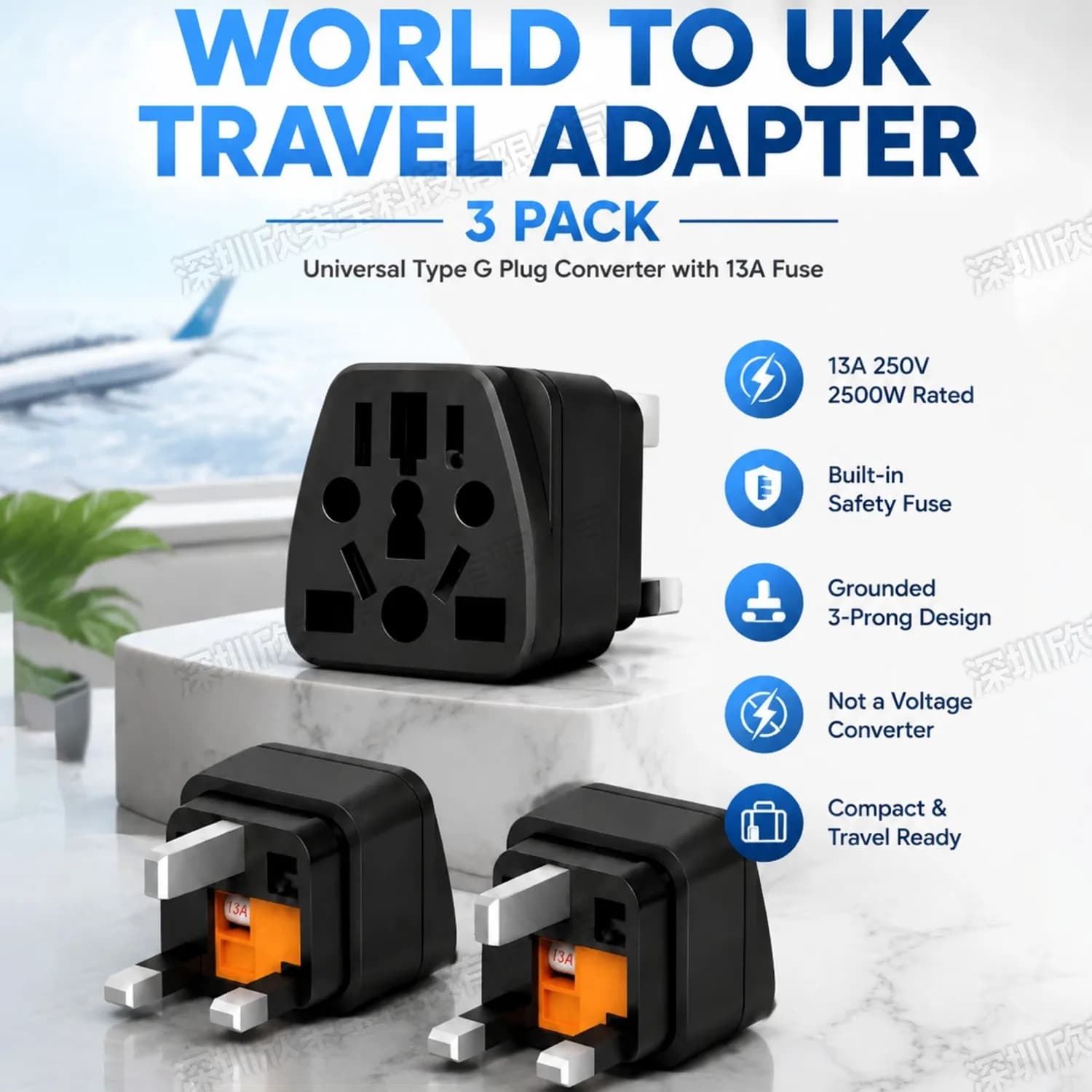 World to UK Travel Adapter (3-Pack)Universal Power Converter,Transforms US/AU/EU/CN plugs to UK-Grounded,for All DevicesIncludes