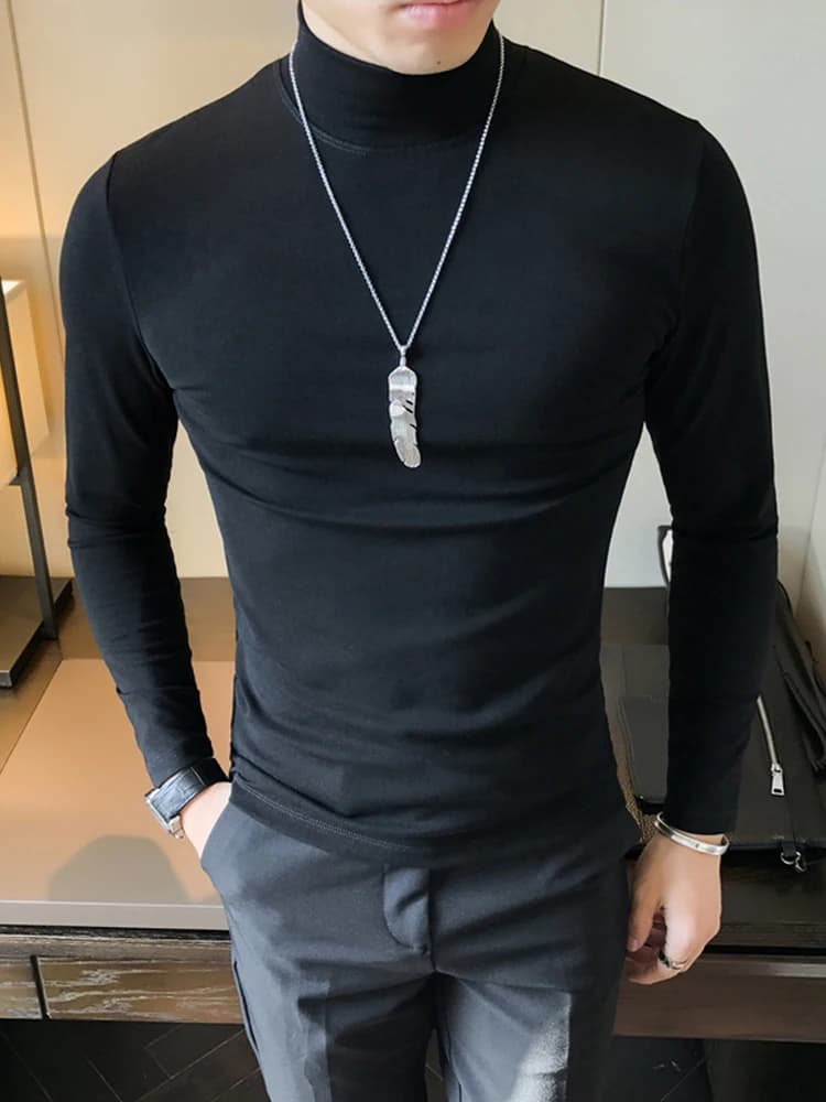 Men's Slim Fit Long Sleeve T-Shirt Half High Collar Thin Fleece Autumn Winter Fashion Urban Style Pure Color Base Layer Shirt