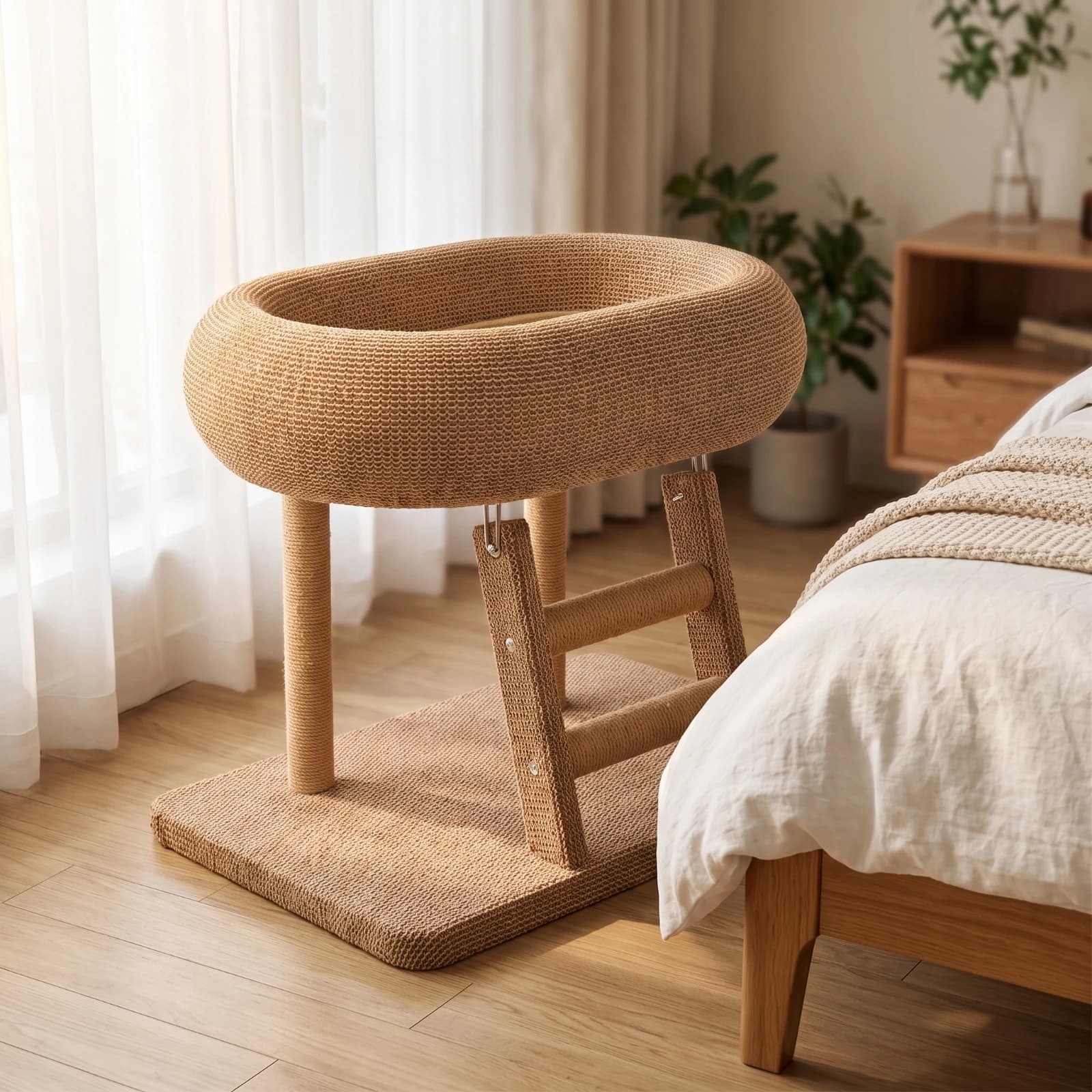 Oval Cat Scratcher Bed Floor-Standing Cat Bed with Scratcher Pet Furniture Compact Space-Saving for Cats, Indoor, Living Rooms