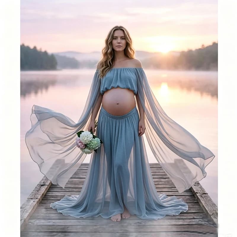 Boho Chiffon Maternity Photoshoot Dress Two Piece Pregnancy Gown with Cape Sleeves Flowy Baby Bump Outfit Maxi Skirt Set