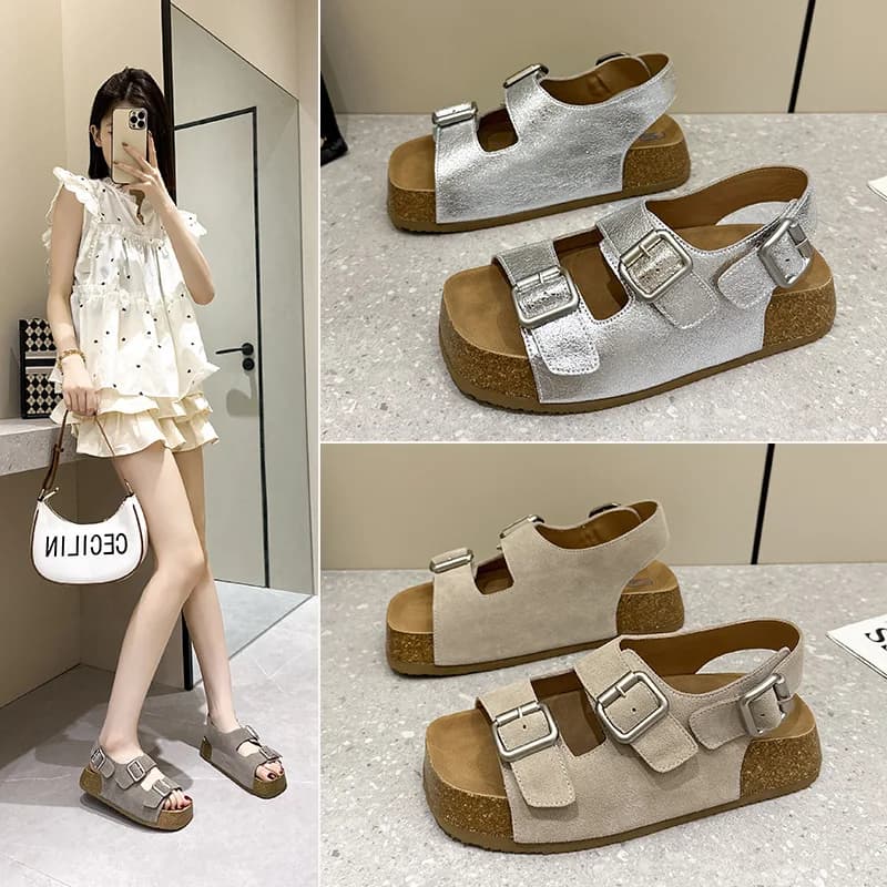 Sandali estivi personalizzati da donna in sughero, vera pelle, punta aperta, suola morbida, comodi e facili da indossare