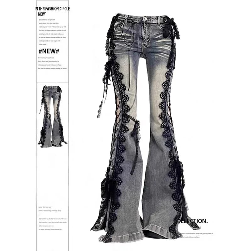 YIBASHU Donna Dark Academia Goblin Core Harajuku Y2K Jeans in pizzo a vita bassa Abi Denim Pantaloni a zampa d'elefante Y2k Goth Gyaru Kpop