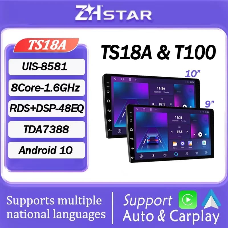 TS18A T100 2Din Android10 9/10 pollici Autoradio GPS WIFI CarPlay DSP IPS Lettore multimediale per Toyota VW Hyundai Kia Honda