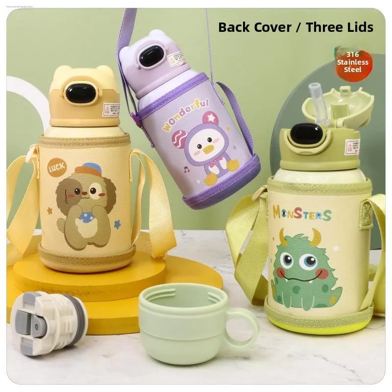 Nuova Borraccia Termica in Acciaio Inossidabile 316 con Disegno di Cervo, Tazza Portatile per Bambini con Coperchio a Scatto, Borraccia per Studenti con Sacchetto in Tessuto