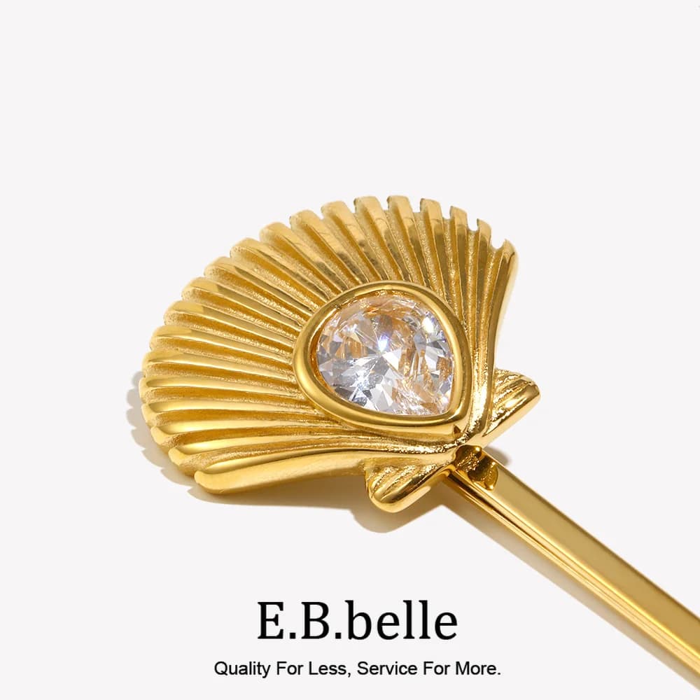 E.B.belle Zircon Scallop Hair Clip Waterproof 18K Gold Plated Hair Accessories 316L Stainless Steel Hairpin