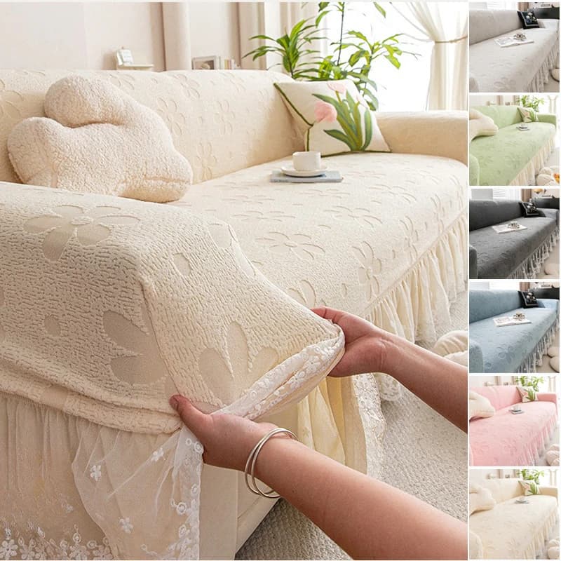 All-Season Universal Sofa Cover Set Anti-Cat Scratch Jacquard Velvet Full Coverage with Lace Skirt Edge for Straight Seat Sofas