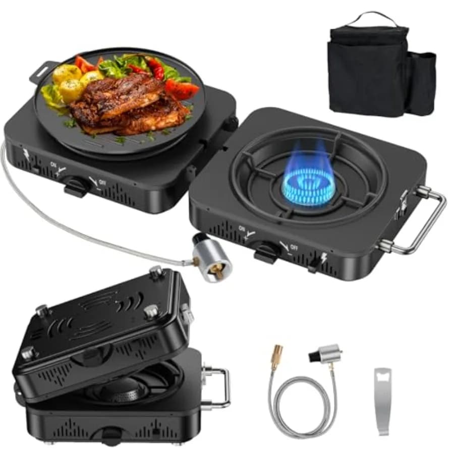 Fornello da campeggio a propano a 2 fuochi per cucinare all'aperto, in acciaio inossidabile, nero, 20000 BTU con accensione piezoelettrica e bruciatore regolabile
