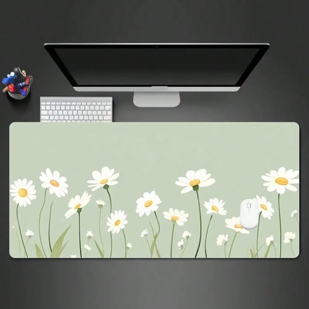 Large Daisy Design Gaming Mouse Pad And Desk Mat - Non-Slip Base, Light Green With White Daisy Pattern, Soft Surface Ensures Smooth Movement, For Office And Gaming Setups, Compatible With Laptops/Desktops, Extra-Large Gaming Mouse Pad, Gaming Mouse