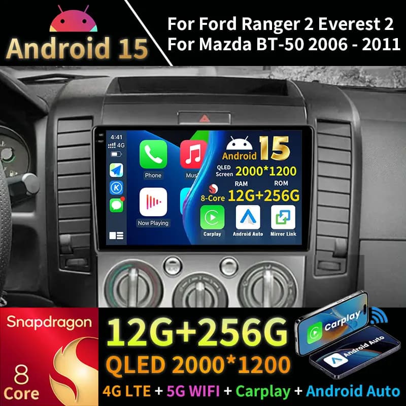 Android 15 Carplay Per Ford Ranger 2 Everest 2 Per Mazda BT-50 J97M 2006 - 2011 Wifi GPS Autoradio DSP Multimedia di Navigazione RDS