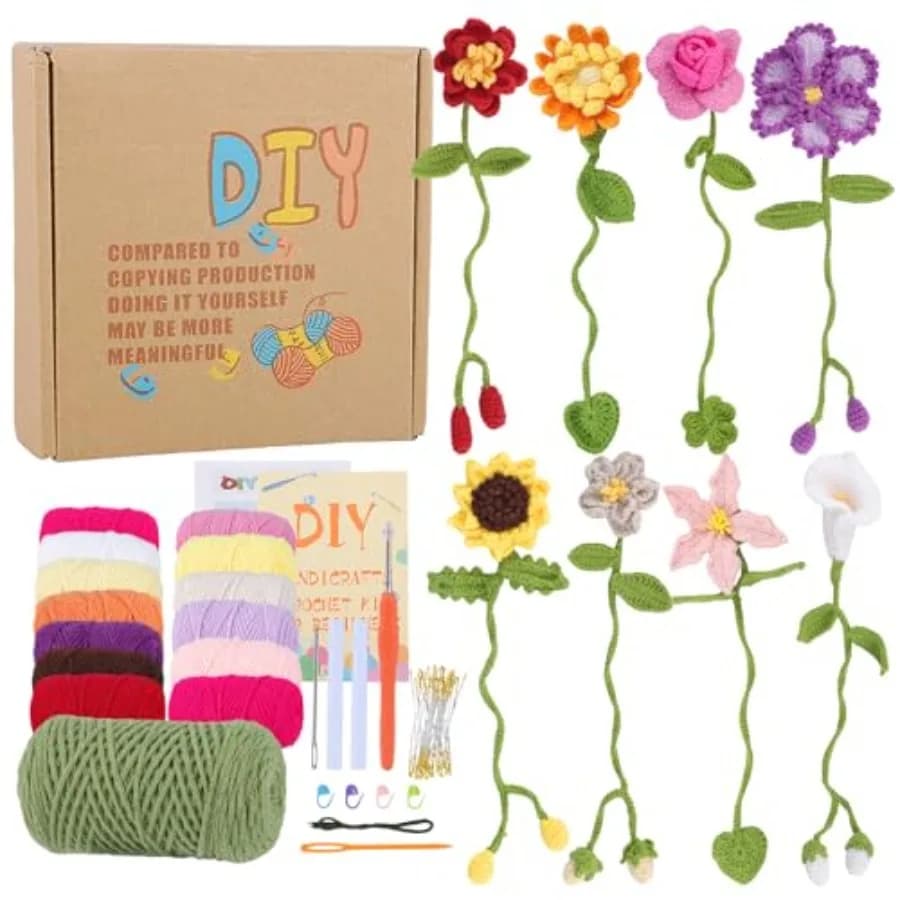 8 Pcs Crochet Flower Bookmarks, Handmade Floral Bookmark Knitting Kit with English Instructions Hook Yarn for Graduation Gifts