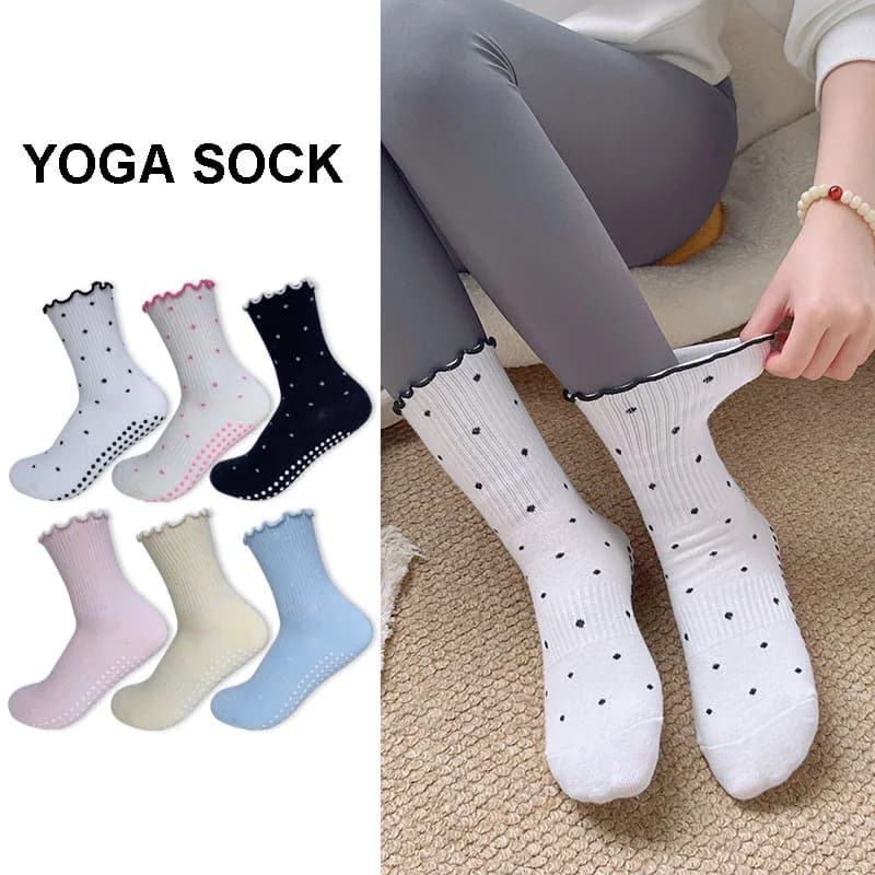 Yoga Socks Women Polka Dot Cotton Lettuce-Edge Dot Silicone Non-slip Pilates Grip Crew Socks