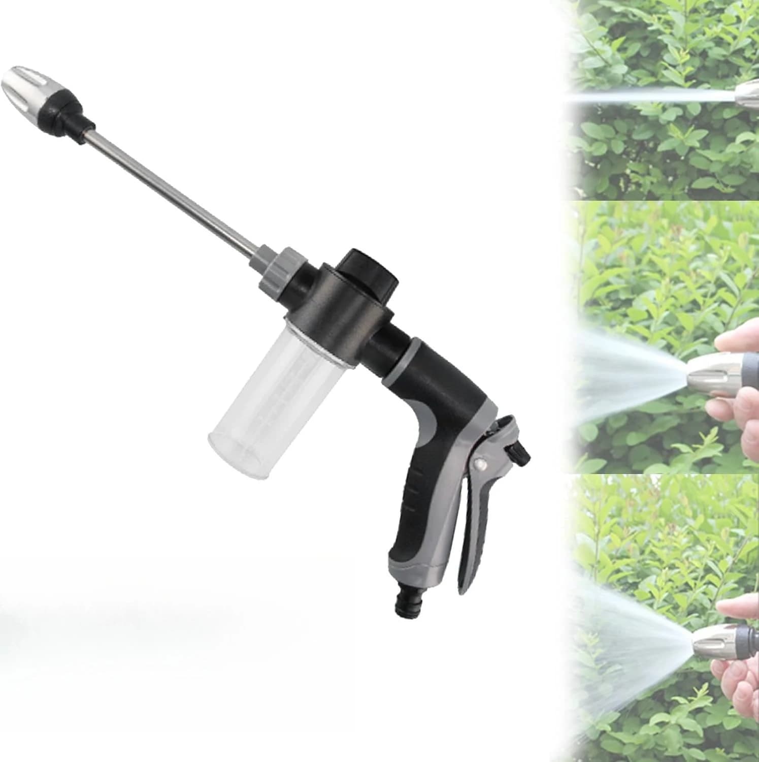 Pistola a spruzzo multiuso per lavaggio auto ad alta pressione con dispenser sapone e ugello a canna lunga per irrigazione piante e cura del prato