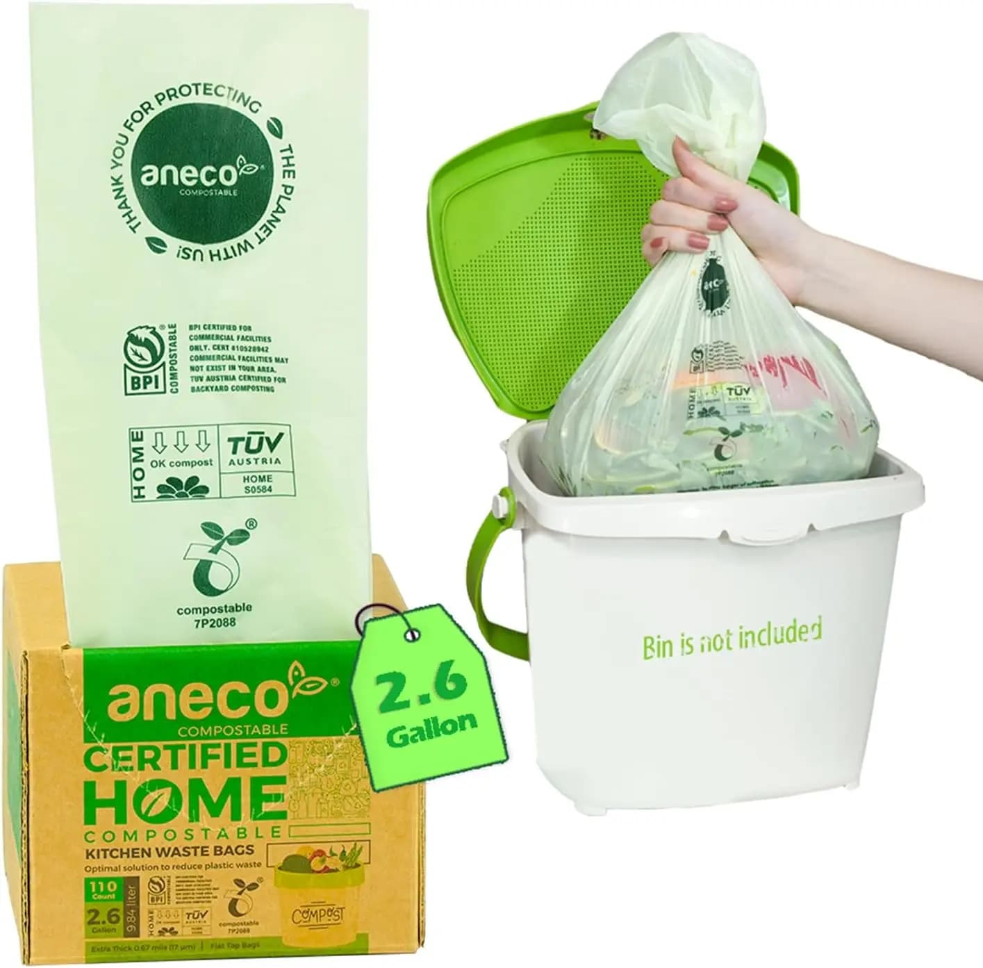 110 Sacchetti Compostabili per Rifiuti da 2,6 Galloni, Sacchetti Extra Spessi per Cucina e Contenitori da Bancone (Include 10 Sacchetti Bonus)