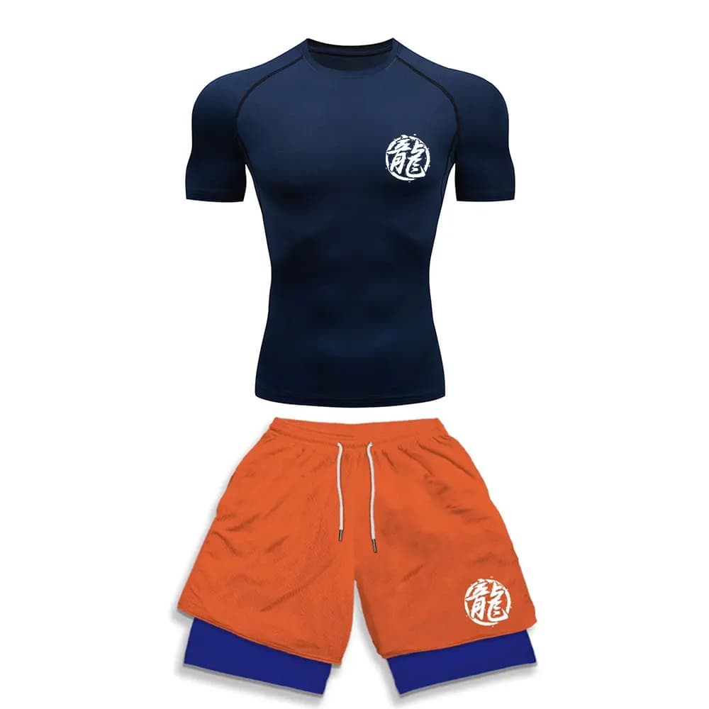 Men's Tracksuit Two Pieces Sets Anime Print Fitness Sport Suit Running T-Shirt+shorts Men's breathable Casual Sportswear