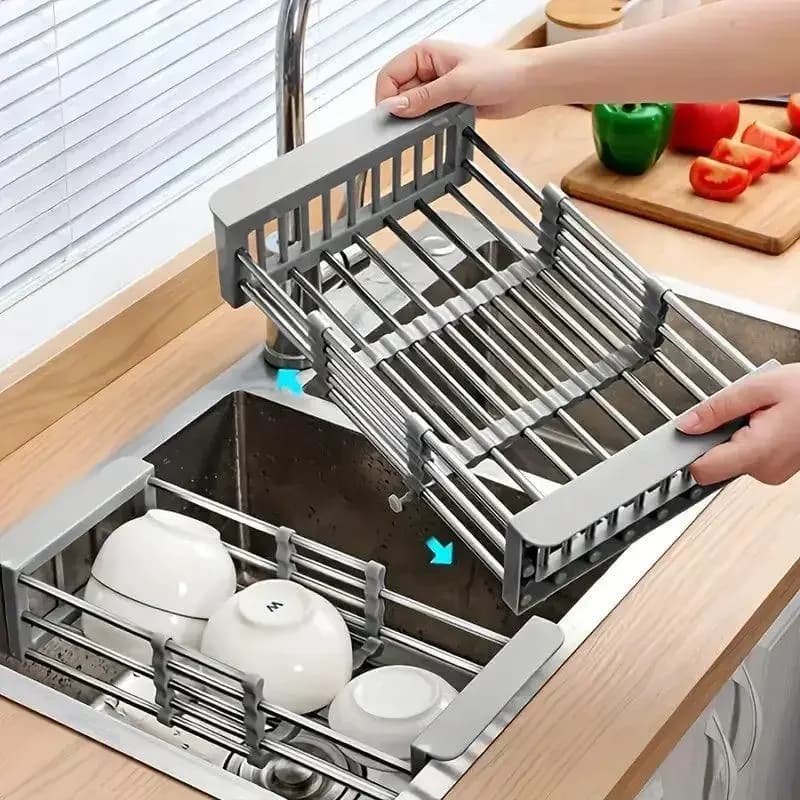 Cestello di scarico per lavello espandibile in acciaio inossidabile, stendino pieghevole per piatti da cucina con griglia per filtro drenante, vassoio organizer per lavello