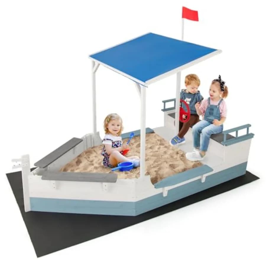 Sandbox a forma di nave pirata con tettoia, in legno di abete, con timone, sedili a panca e vani portaoggetti, per giardino e spiaggia