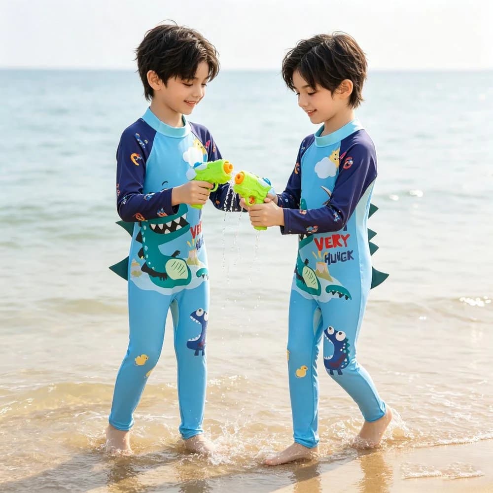 Toddler Boys Full Body One Piece Rash Guard Set With Swim Cap Cartoon Dinosaur Shark Print Long Sleeve Bathing Suit For Water