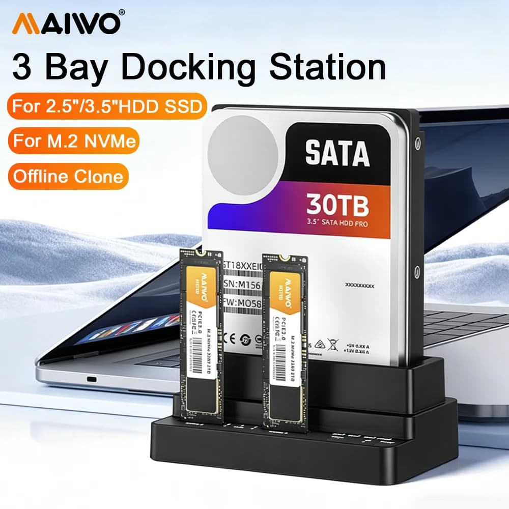 MAIWO 3 Bay M.2 NVME SSD Docking Station & 2.5 3.5 Inch SATA HDD Enclosure Offline Clone 10Gbps Support 30TB/8TB Adapter for PC