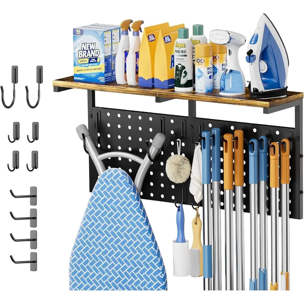 Ironing board wall support, laundry organizer with storage shelves, support and ironing board, multipurpose wall organizer for B