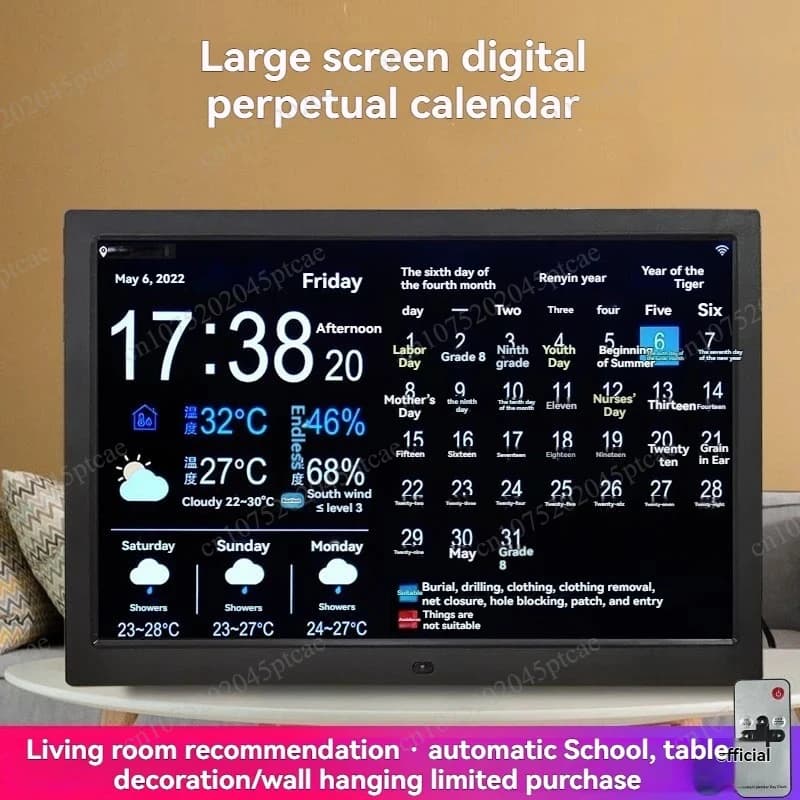 Clock Machine, Digital Photo Frame WiFi Weather Forecast, Perpetual Calendar, Indoor and Outdoor Temperature and Humidity