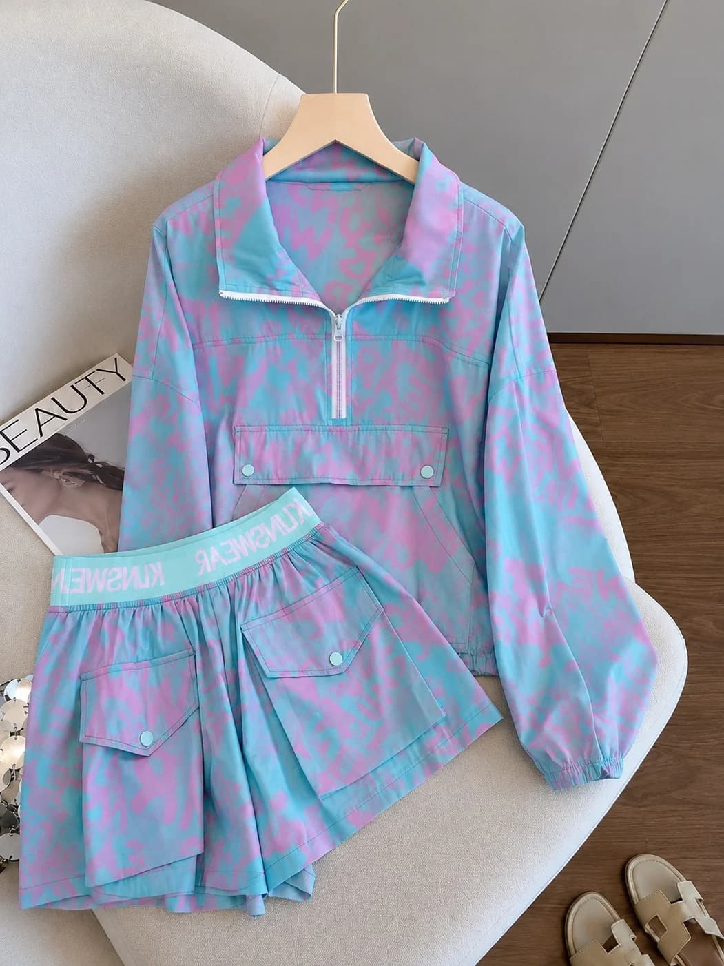 Korean Style Sweet Cool Gradient Print Set Unisex Summer Half Open Collar Pocket Sun Protection Sweatshirt Shorts Two Piece Set