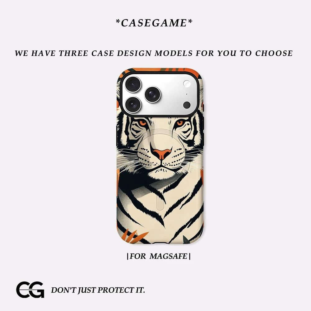 Casegame Cover Opaca Antiurto per iPhone 17 16 15 14 Plus 13 Pro Max con Bumper per MagSafe, in PC Rigido, Design Tigre Tropicale