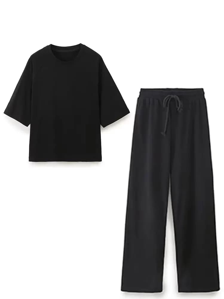 HH Set sportivo casual solido da donna T-shirt estiva con scollo a O Top larghi a maniche corte Pantaloni da jogging a vita alta con coulisse femminile