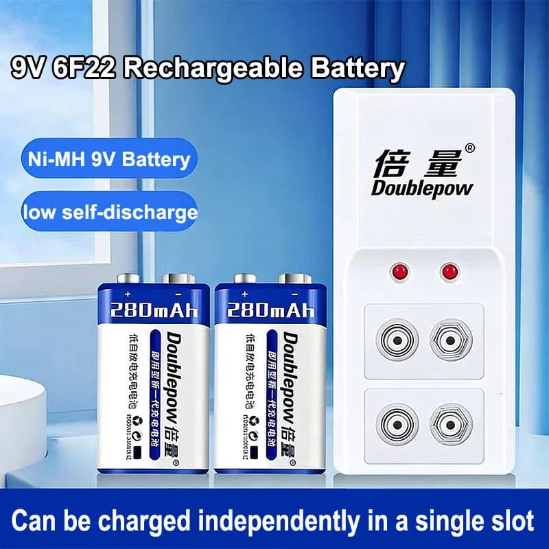 Batteria Ricaricabile 9V 6F22 280mAh NiMH per Multimetro, Rilevatore di Fumo, Metal Detector, Microfono, Massaggiatore, Giocattoli, Chitarra, KTV