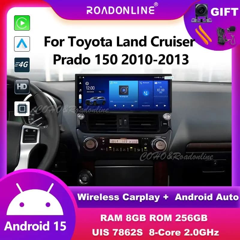 Autoradio multimediale Android 15 da 12,3 pollici per Toyota Land Cruiser Prado 150 2010-2013, 8-core 8G+256G, stereo