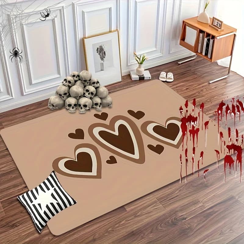 Background Brown Heart Blood Drip Skull Spider Print Soft Flannel Non Slip DoorMat Halloween Doormat for Entry Indoor Front