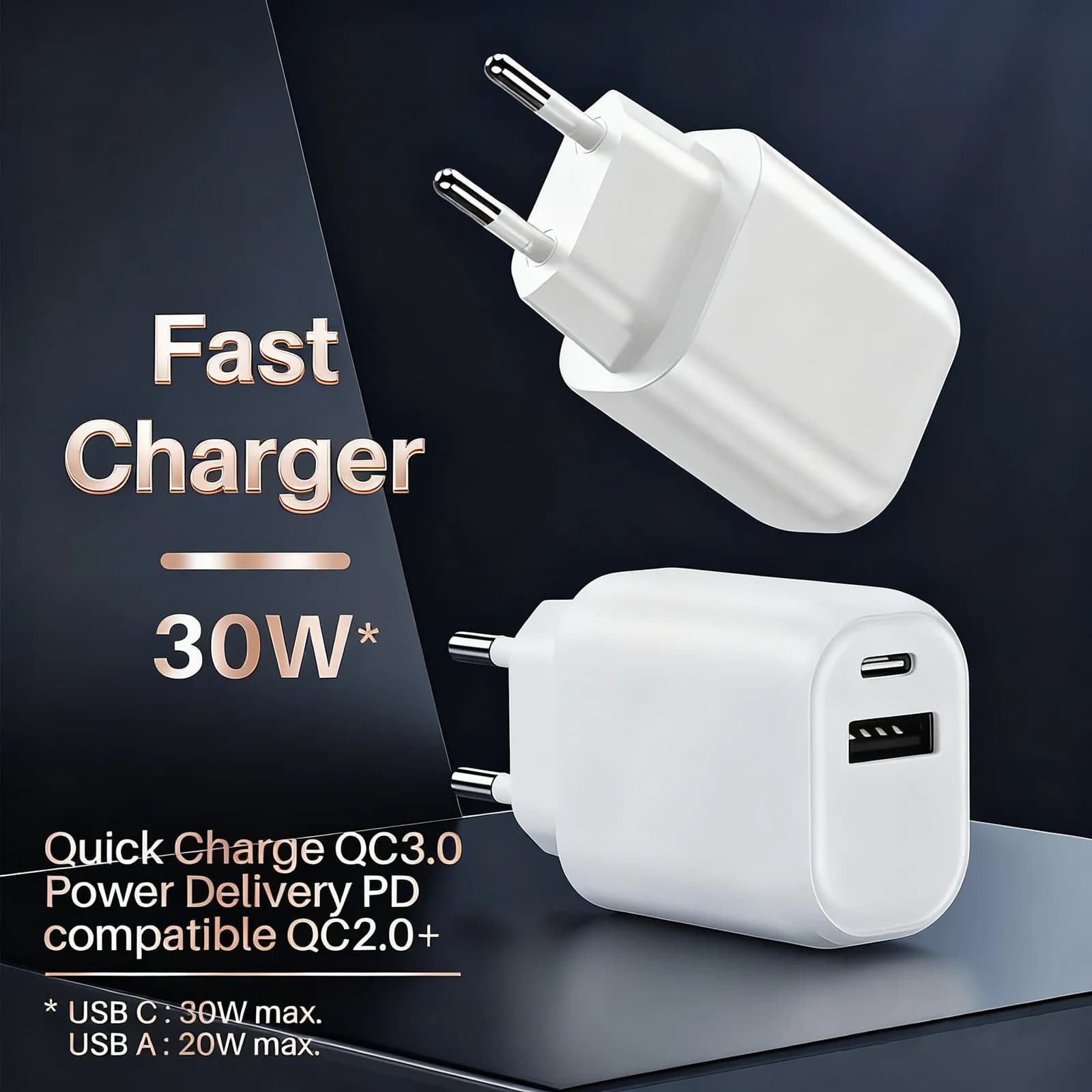 Caricatore doppio USB da 30 W – Adattatore da parete a ricarica rapida USB C e A PD + QC 3.0 con chip IC per iPhone iPad Samsung Smartphone Tablet