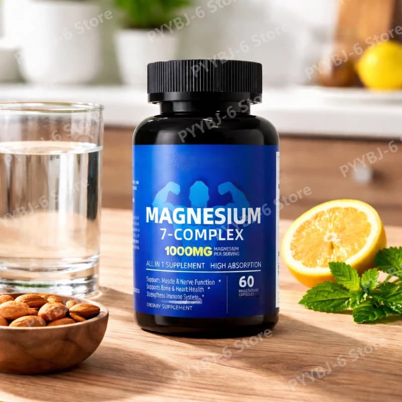 Integratore di Magnesio 7 Complessi con Glicinato, Malato, Zinco, Vitamina D3 e B6, Supporta la Salute di Muscoli e Ossa, Non-OGM, 60 Capsule