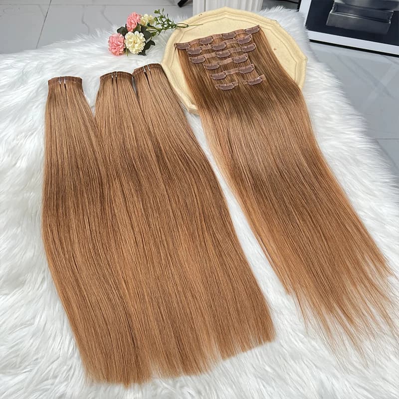 # Extension per capelli con clip in PU senza cuciture, 30 colori, capelli umani lisci, clip invisibili, capelli vergini grezzi a doppia trama, set da 7 pezzi.