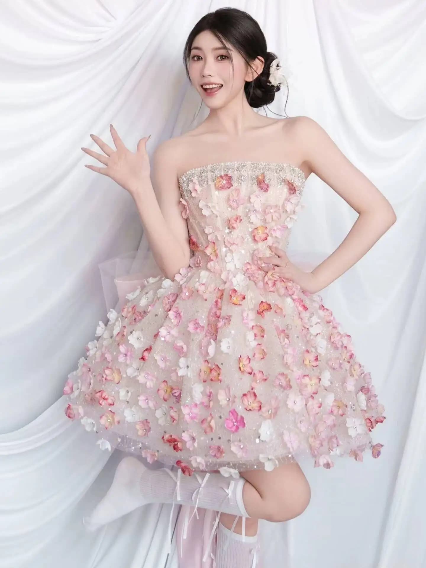 Sweet Strapless Bridal Engagement Wedding Dress, Short Forest-style Student Adult Ceremony Princess Dress